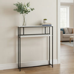 Sofa Side Table for Narrow Spaces, 2-Tier White Marble & Black Steel Shelf, 80cm Slim Console for Behind Couch, Organizer for Remote, Books, Living Room, 80*20*100cm