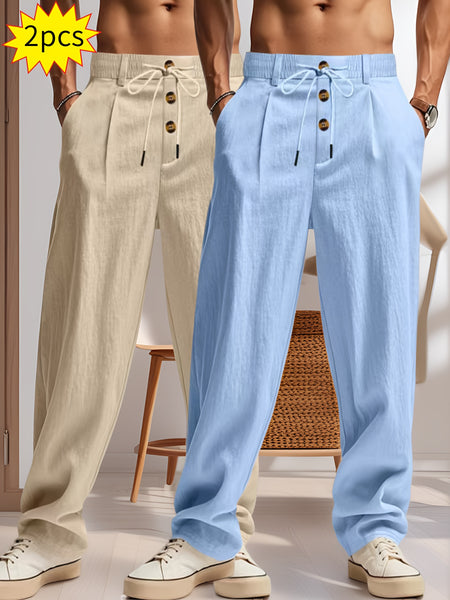 2pcs Men'S Linen Solid Color British Business Casual Straight Leg Pants with Drawstring Elastic Waistband And Button Design Casual Long Trousers Suitable for Outdoor Travel Fitness Exercise And Daily Wear Casual Outdoor Pants Linen Long Pants Lightw