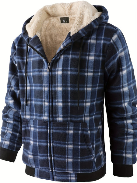 Men's Heavyweight -Lined Hooded Jacket - Full-Zip Plaid Thickened Shirt with Pockets and Adjustable Drawstring, Comfortable and Warm for Autumn and Winter