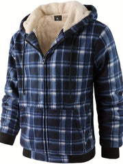 Men's Heavyweight -Lined Hooded Jacket - Full-Zip Plaid Thickened Shirt with Pockets and Adjustable Drawstring, Comfortable and Warm for Autumn and Winter