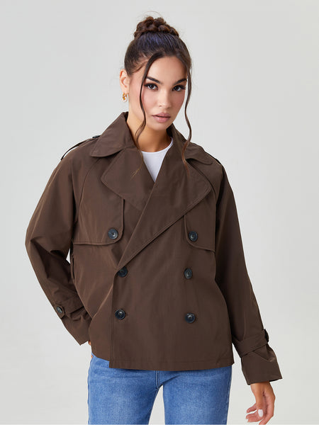 Women's Commuter Notch Lapel Double Breasted Detachable Belt Trench Coat, Elegant Plain Outerwear Jacket