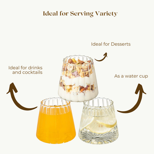 Set of 6 Striped Glass Cups, 350ml Drinking Glasses for Hot & Cold Beverages, Durable Transparent Tumblers with Elegant Texture for Water, Juice, Coffee, Tea, Wine, Desserts, Dishwasher Safe Glassware