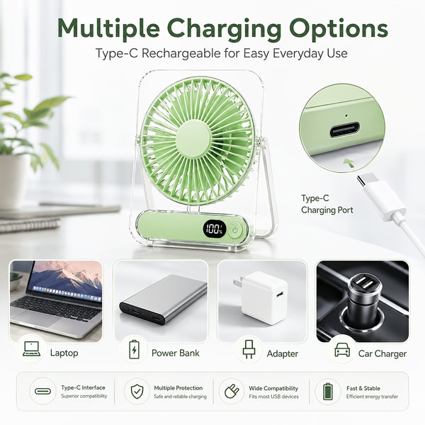 Rechargeable USB Desktop Fan (5000Mah Battery Included): Ultra-Quiet Operation with a Foldable Design And Digital Battery Level Display. Constructed from Durable Acrylic Material. A Device Perfect for Home Use