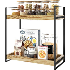 2 Tier Spice Racks Wood & Metal Organiser - Multipurpose Storage Shelf for Coffee Station, Bathroom Vanity, Kitchen Countertop (34x33x17cm) - Rustic British Home Decor