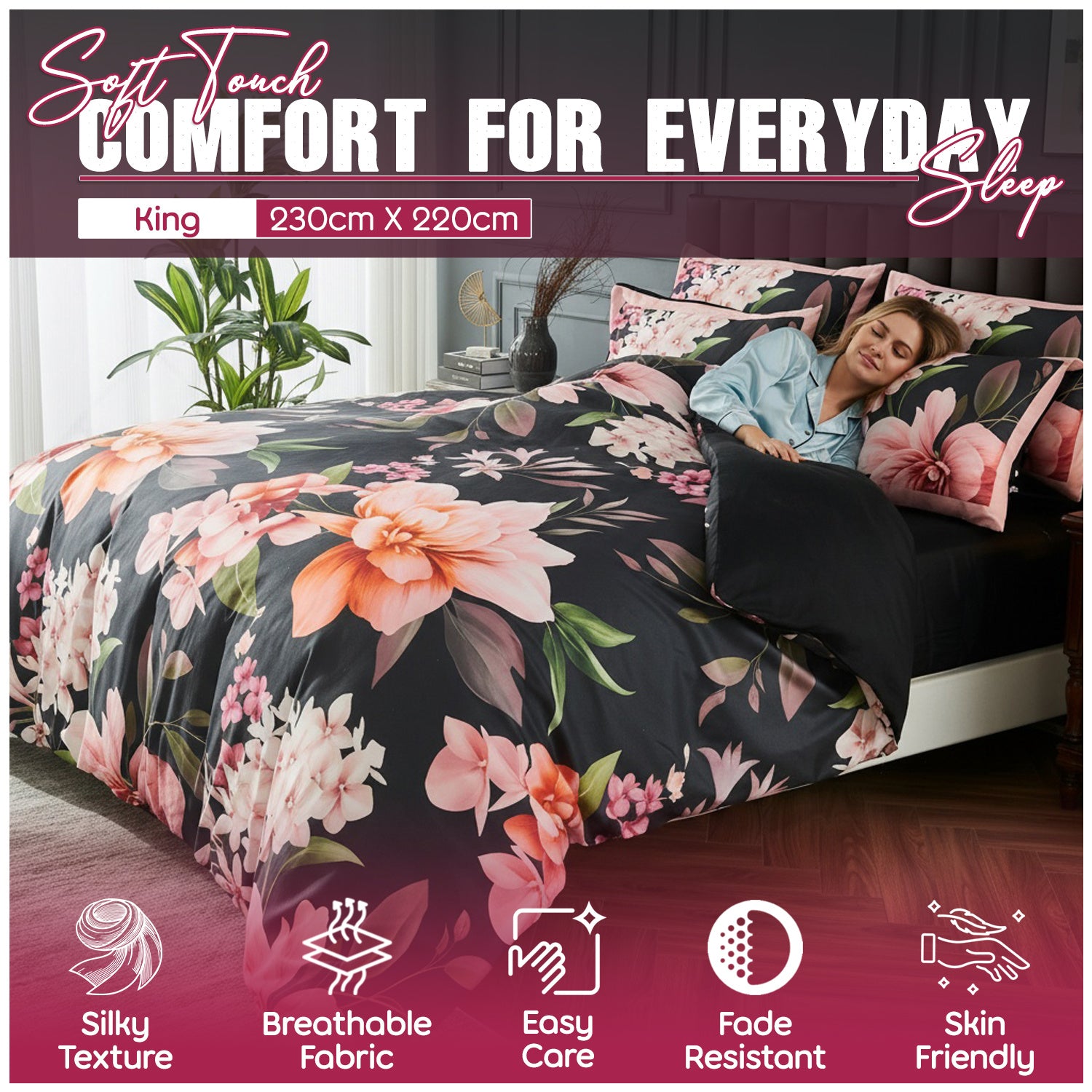 Floral Printed Duvet Cover Set | Soft Microfiber Bedding Lightweight Breathable Fabric with Wrinkle Resistant | Fade Resistant Finish Colour Safe Design Easy Care Quick Dry Construction | Available in Multiple Sizes with Matching Pillow Cases | Local Ware