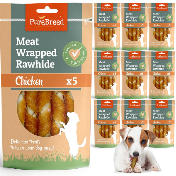 Pure Breed 50 Pack Chicken Dog Treats | Rawhide Twist Chew Sticks for Dogs & Puppies | Meaty Twist Dog Chews in Savoury Chicken Flavour | Low Fat, High Protein Dog Snacks | Long Lasting Puppy Chews for Training Rewards, Travel & Boredom Busting Indoor or