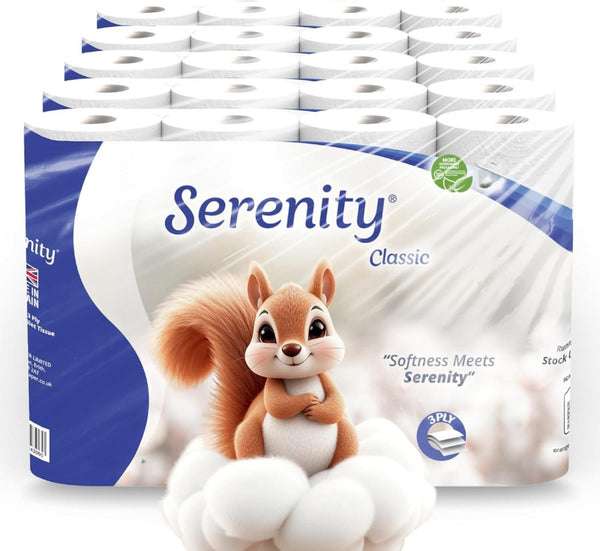 Serenity Soft 3-Ply Quilted Toilet Tissues | Available in 60 or 72 Mega Value Packs | Made in the UK | Luxuriously Soft, Gentle & Strong Bulk Toilet Rolls, Hypoallergenic, Dermatologically Tested | Fast Dispatch from UK Seller