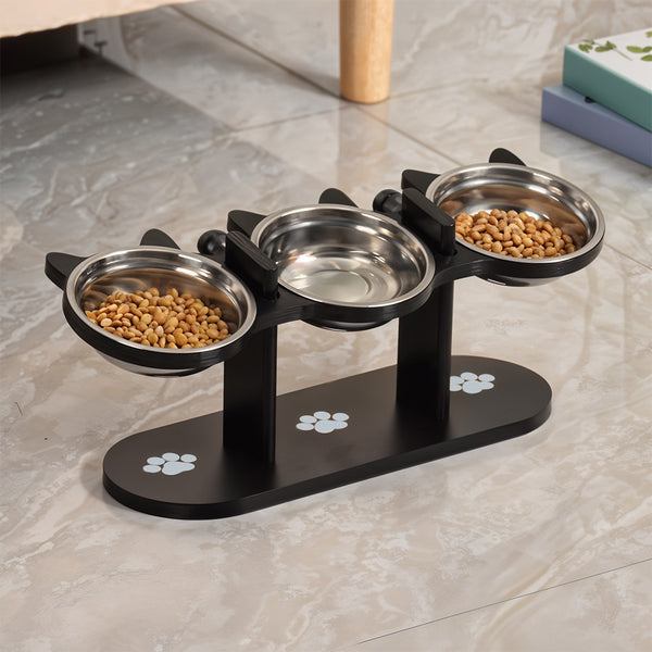 Indoor Raised Feeding Bowl Set for Cats and Dogs Pet Feeding Station with 3 Bowls and Tilted Design for Comfortable Eating Experience 32x13x15cm