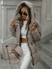 2025 New Autumn/Winter Collection: Mid-Length Puffer Coat Thickened, Warm Hooded Jacket Fashionable Casual Style with Adjustable Belt Features Zipper Closure Ideal for Daily Commuting And Outdoor