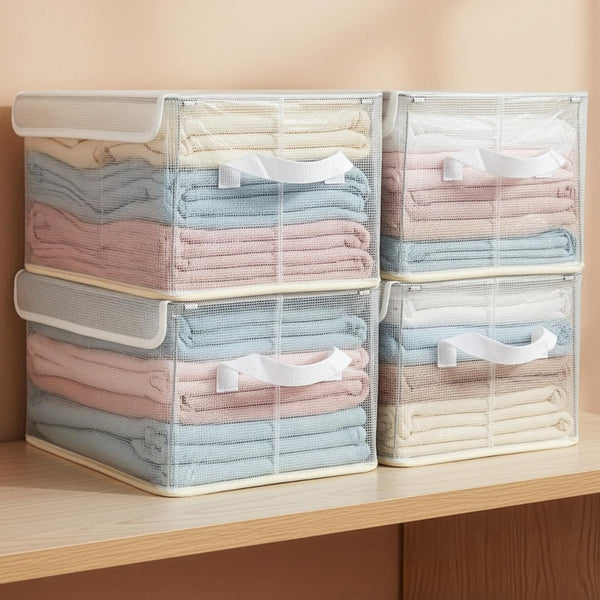 10-Pack Large Transparent Storage Boxes with Lids, PVC Foldable Organiser Containers for Clothes, Towels, Bedding & Wardrobe Storage