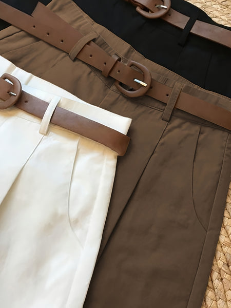 Elegant Women'S Three-Piece Set, Solid Color Shorts with Zipper Pockets, Four Seasons Casual Formal Wear, Beige, Black, Brown, Comfortable Fabric