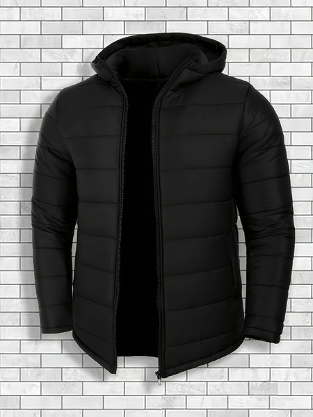 Men'S Outdoor Lightweight Thickened Hooded Windproof Quilted Solid Color Warm Coat