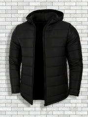 Men'S Outdoor Lightweight Thickened Hooded Windproof Quilted Solid Color Warm Coat