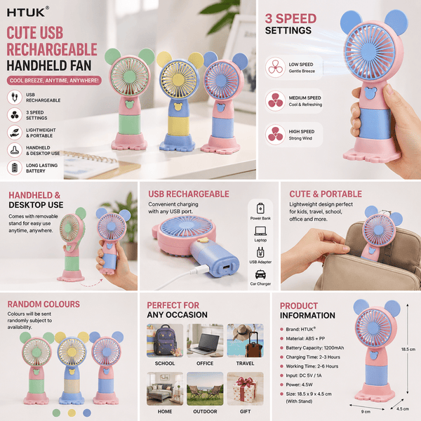 Cute USB Rechargeable Handheld Fan with Stand – Portable Mini Desk Cooling Fan 3 Speed Levels – Random Colour - 1pc INCLUDED