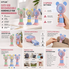 Cute USB Rechargeable Handheld Fan with Stand – Portable Mini Desk Cooling Fan 3 Speed Levels – Random Colour - 1pc INCLUDED