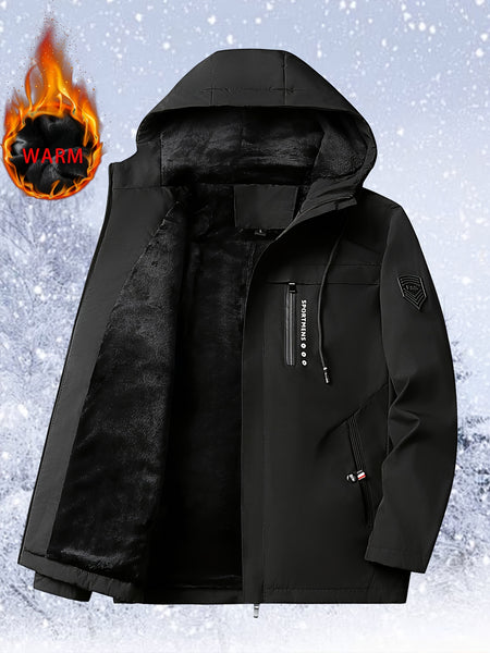 Men'S Insulated Thermal Winter Jacket Full Zipper Closure Hooded Windproof Coat Front Full Zip And Zipper Pockets - Machine Washable Cold Weather Outerwear for Skiing, Snowboarding, Hiking - Black (Unlined