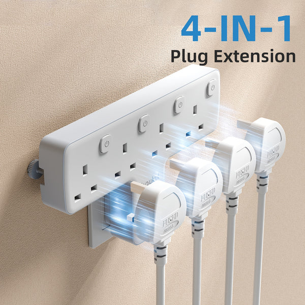 4 IN 1 T-Shape Power Output Expansion Socket, Featuring 4 AC Outlets, a Wall Plug Adapter with Individual LED Light Switches, Capable of 180° Rotation, Supporting a Maximum Power of 3250W, Suitable for UK Plug Electrical Outlets for Home, Office