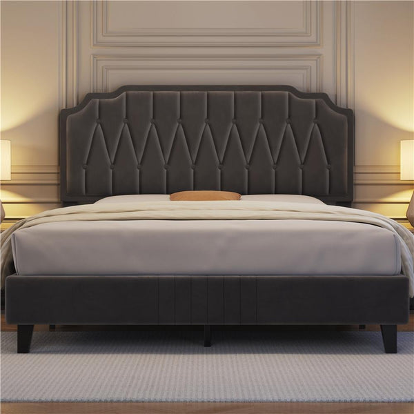 Costoffs Double/King Bed Frame Upholstered Platform Bed with Adjustable Button Tufted Headboard/Velvet Fabric/Mattress Foundation/Sturdy Wooden Slat Support, No Box Spring Needed, Black/Beige/Dark Grey/Light Grey