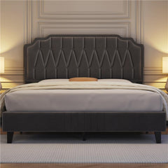 Costoffs Double/King Bed Frame Upholstered Platform Bed with Adjustable Button Tufted Headboard/Velvet Fabric/Mattress Foundation/Sturdy Wooden Slat Support, No Box Spring Needed, Black/Beige/Dark Grey/Light Grey