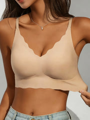 Elegant Wireless Comfort Bra With Wave-Edge | Solid Color, Non-Removable Padding, Patched Detail