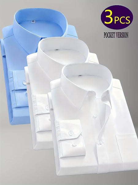 1+2, Three-Piece Solid Color Button- Shirt, Men'S Everyday Basic Shirt, Long-Sleeved Shirt with Pockets, Casual Shirt, Business Shirt, Blend, Soft And Comfortable