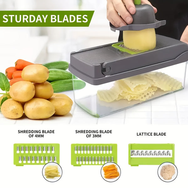 16-In-1 Enhanced Vegetable Chopper, Multi-Functional Vegetable Cutter, Versatile Fruit Slicer, Manual Food Grater with Container, Interchangeable Multi-Blade Onion Chopper, Home Potato Slicing Tool