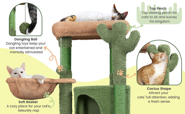 Costoffs Cat Tree, 107cm Cactus Cat Tree, Cat Furniture with Natural Sisal, Cactus Cat Tower with Platform, Condo, Basket, Scratching Posts, Board & Hanging Ball, Cat Furniture for Small/Medium Cats