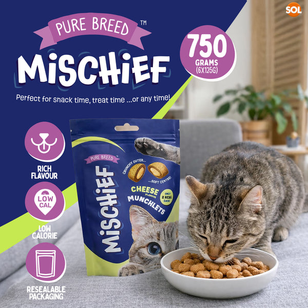 Pure Breed Mischief Cat Treats 6 Pack | Cheese Flavour Pillow Snacks for Cats | Crunchy Outer & Creamy Centre | Low Calorie Cat Bites (Only 2 kcal Each) | Natural Resealable Cat Treat Pouches for Everyday Rewards