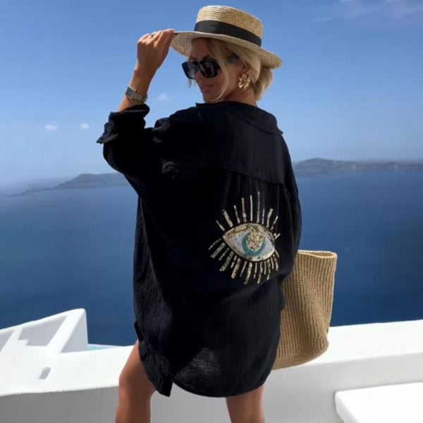 2025 Spring and Summer New Ladies Casual V-neck Pocket Splicing Sequins Loose Long-sleeved Women's Shirt, Lapel Cardigan Design.