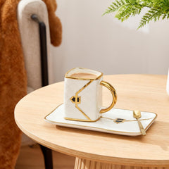 Porcelain Tea Cup and Saucer Set with Spoon, 310ml Handbag Style Ceramic Coffee Cup, High-Temperature Fired, Hand-Glazed with Gold Detailing