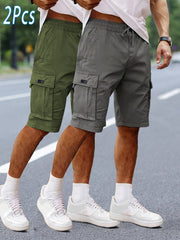 2pcs Men'S Cargo Shorts, Drawstring Waist Multi-Pocket Men'S Shorts