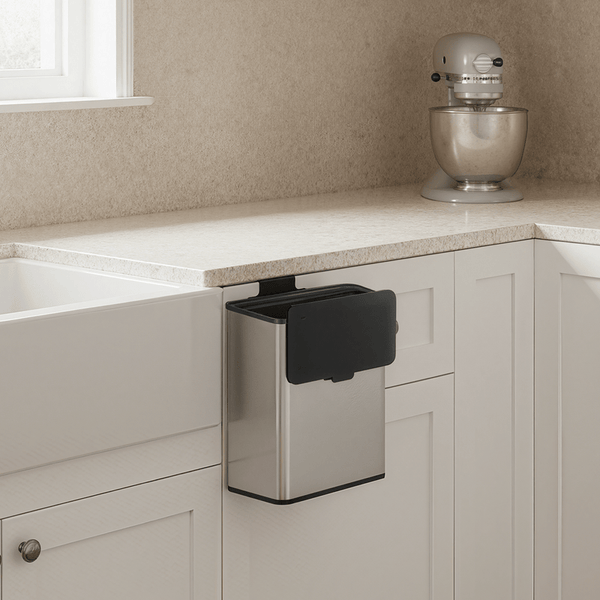 2.1-Gallon, 8 L Hanging Kitchen Trash Can with Lid, Cupboard Door Hanging or Wall-Mounted, Silver