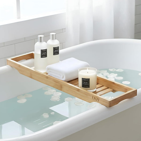 LKH Bamboo Wooden Bath Caddy Tray - Strong & Durable, Prevents Spills, & Water-Resistant Bathtub Tray for Across the Bath | Luxury Bath Shelf for Relaxation, Reading & Drinking - Gift Idea