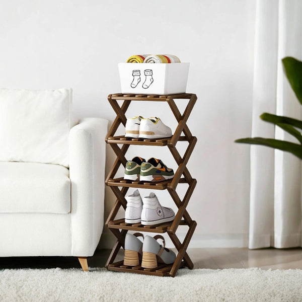 4/5/6/7 Tiers Bamboo Wooden Shoe Rack, Vertical Shoe Racks Storage Shelves Tall Shoe Tower, Collapsible Narrow Shoe Stand, Installation Free Folding X-Shape Shoe Racks Sneakers Slippers Holder Organizer, Multi Functional Shoe Rack Durable Footwear Cabinet