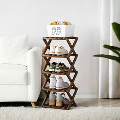 4/5/6/7 Tiers Bamboo Wooden Shoe Rack, Vertical Shoe Racks Storage Shelves Tall Shoe Tower, Collapsible Narrow Shoe Stand, Installation Free Folding X-Shape Shoe Racks Sneakers Slippers Holder Organizer, Multi Functional Shoe Rack Durable Footwear Cabinet