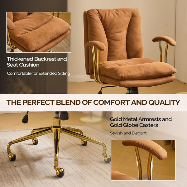 Office Chair Desk Chair with Wheels & Removable Armrests Gold Base Vanity Chair with Back Adjustable Rolling Swivel Computer Task Chair PU Leather