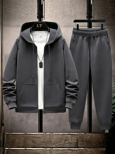 2pcs Men's Solid Color Casual Sports Suit Set, Includes Elastic Waist Drawstring Pants And Jacket for Travel, Leisure, Outdoor Camping