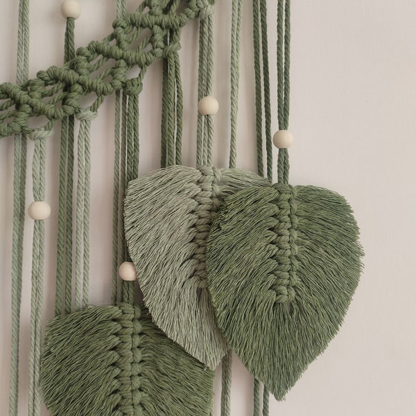 1pc Macrame Leaf Wall Hanging Tapestry, Macrame Large Art Boho Decoration, Room Decor, Home Gift, Boho Jungle Macrame Green Tapestry For Living Room Office Home Decor
