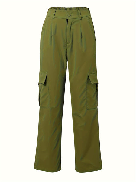 Flap Pocket Solid Color Cargo Pants, Y2K Slant Pocket Button Front Every Day Pants, Women's Clothing