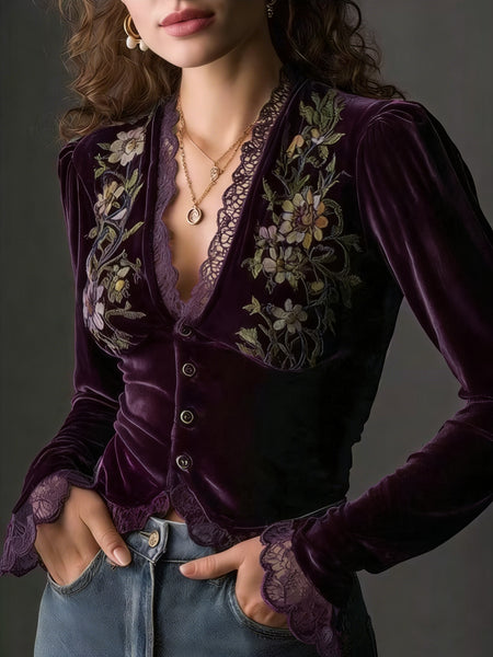 Directed Women'S Fashion New Elegant Floral Velvet Shirt Top, Long Sleeves, Lace Stitching, Slim Fit, Solid Color [Gavin]