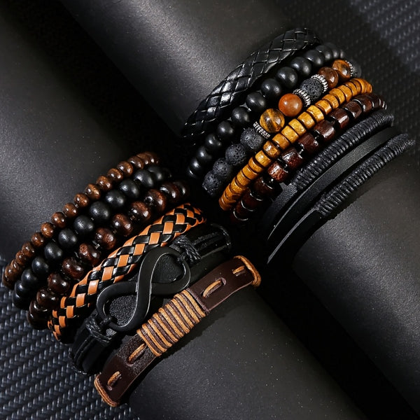 12pcs Men'S Bohemian Vintage Bracelet Set| Faux Leather Woven with Tiger Eye& Moonstone Beads| Multi-Layer Stackable Design| Casual& Party Jewelry| Trendy Boho Chic Accessories, Casual Attire, Gift for Men, Bohemian Style, Handcrafted Bracelets