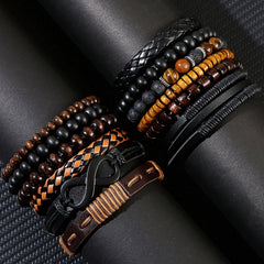 12pcs Men'S Bohemian Vintage Bracelet Set| Faux Leather Woven with Tiger Eye& Moonstone Beads| Multi-Layer Stackable Design| Casual& Party Jewelry| Trendy Boho Chic Accessories, Casual Attire, Gift for Men, Bohemian Style, Handcrafted Bracelets