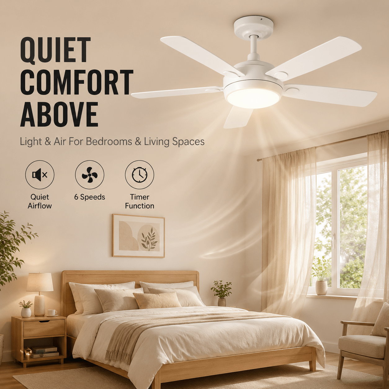 Modern Quiet Ceiling Fan with Light. Features 6 speed levels, timing function and stepless dimming. Suitable for living rooms, bedrooms and offices, a must-have for spring and summer.