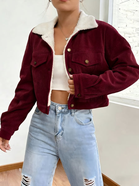 Women'S Short Corduroy And Lamb Jacket for Autumn And Winter, Featuring a Fleece Collar, Versatile Korean-Style Warm Top