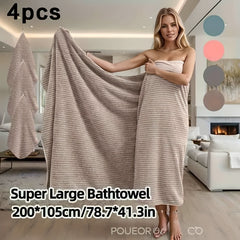 4pcs Extra Large Bath Towel Set with Star Stripes, Full Body Wrap Towel, Face Towel, and Hair Towel - 1pc Extra Soft Coral Fleece Bath Towel (200x105cm) + 3pcs Square Towels (30x30cm), Quick-Dry, Lint-Free, Durable - Ideal for Home, Beach, Outdoor Use - P