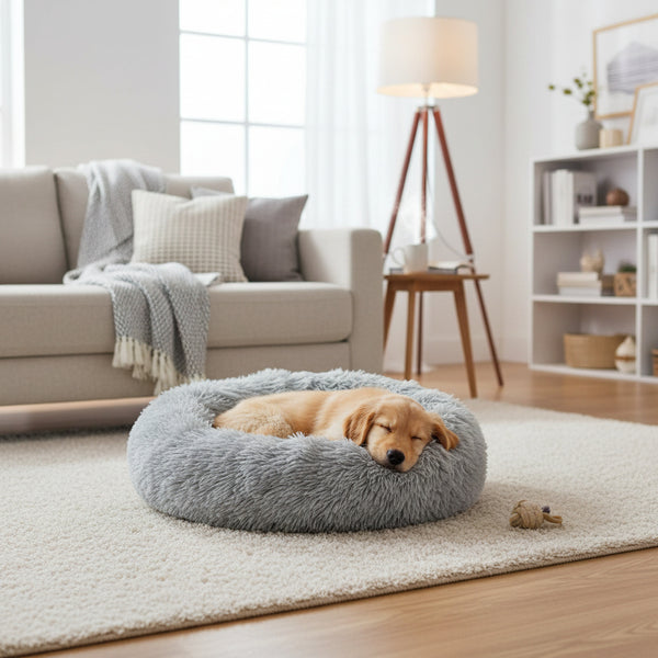 40/50/60/70cm Round Plush Donut Dog/Cat Bed Cuddler Pet Cushion Self-Warming Bed Washable Dog Bed with Non-Slip and Waterproof Bottom Calming Dog Bed