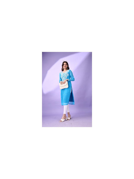 Estationeryhouse Women's Georgette Lucknowi chikankari kurti, Rose Design with Heavy Embroidery, Without Bottom