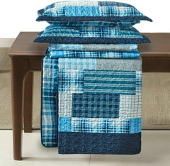 Reversible Patchwork Quilted Bedspread Set – Denim Blue Design, Soft Microfibre Cover with Cotton Filling & Matching Pillowcase (s)
