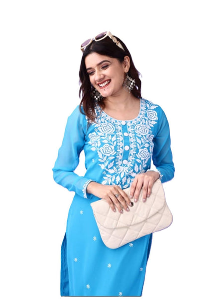 Estationeryhouse Women's Georgette Lucknowi chikankari kurti, Rose Design with Heavy Embroidery, Without Bottom