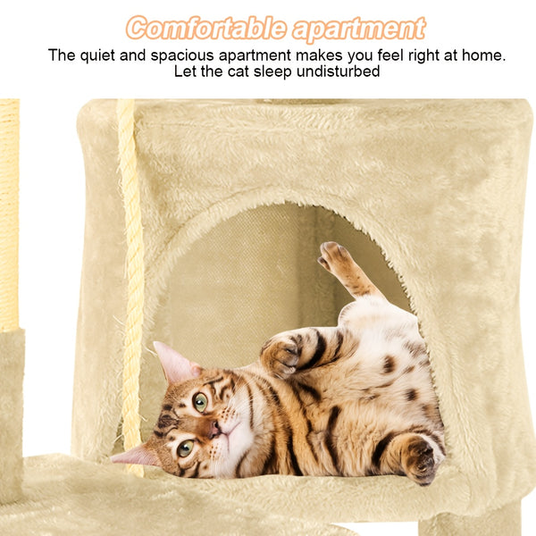 A Luxurious Beige Cat Tree, Super Large And Four Stories High, Featuring a Scratching Post, a Hanging Ball, And a Snug Little House. an Ideal Present for Indoor Cats, This Cat Tower Includes a Litter Area And a Scratching Board